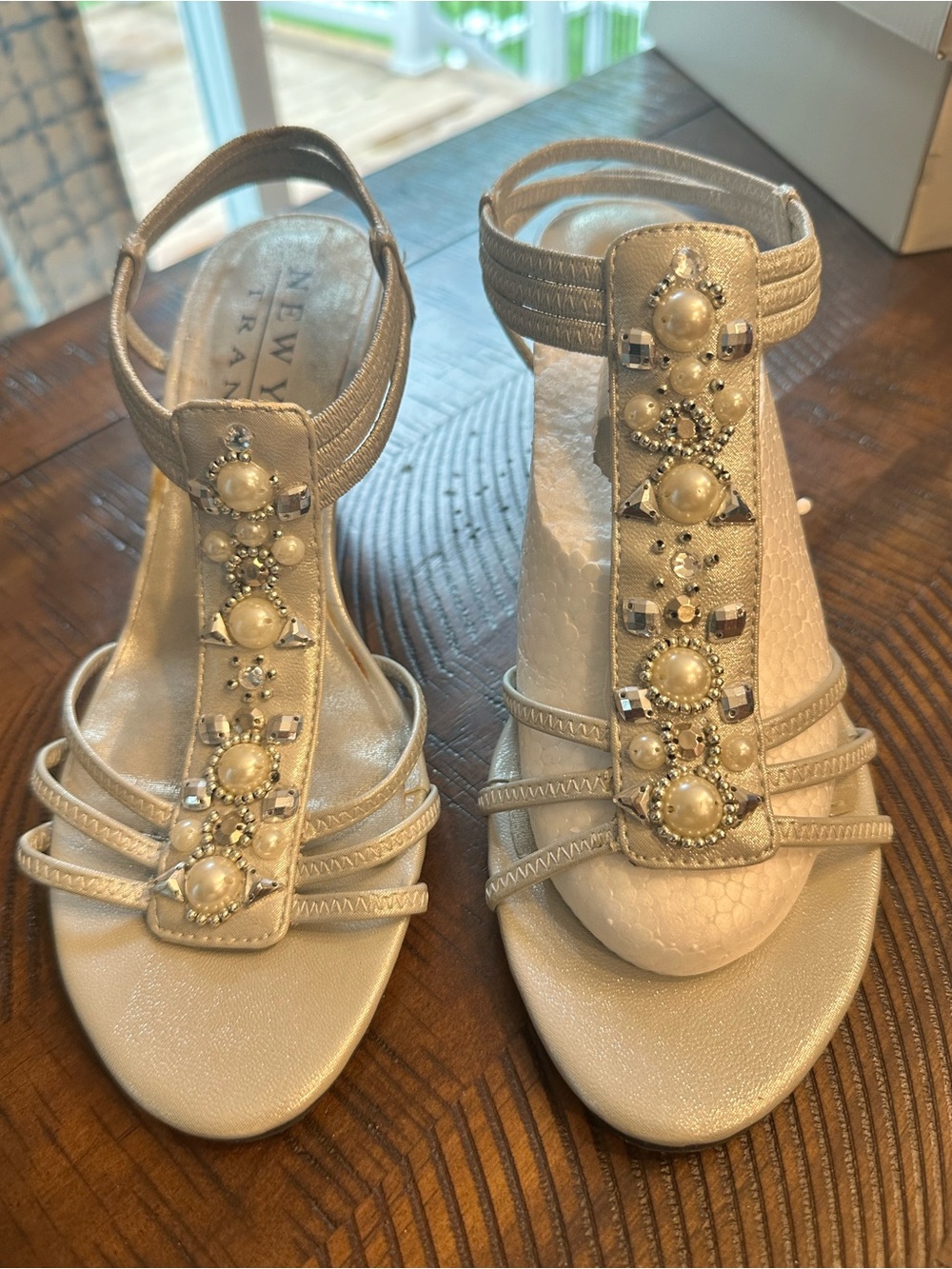 New York Transit silver Pearl & Rhinestone T-Strap Heels